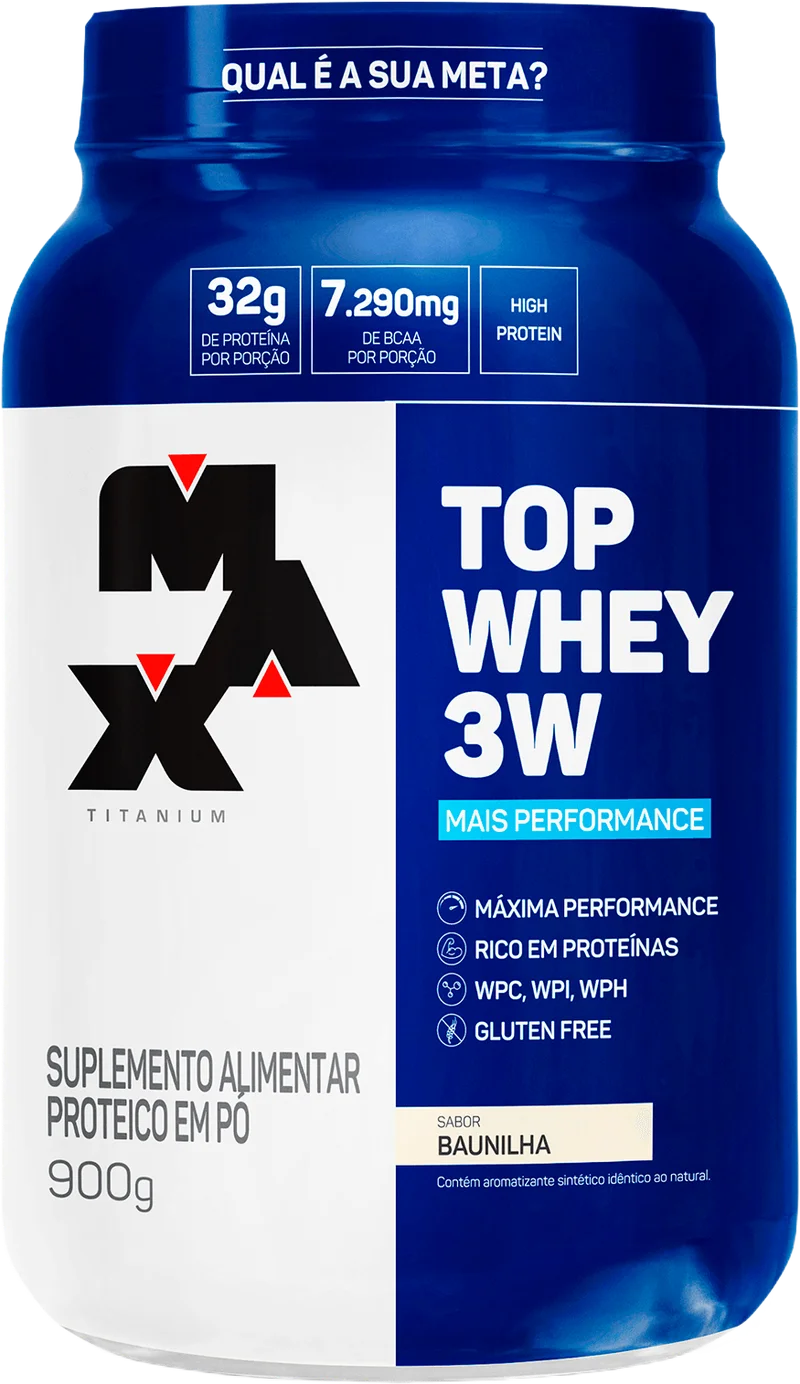 Pote do Top Whey 3W Mais Performance 900g, sabor baunilha