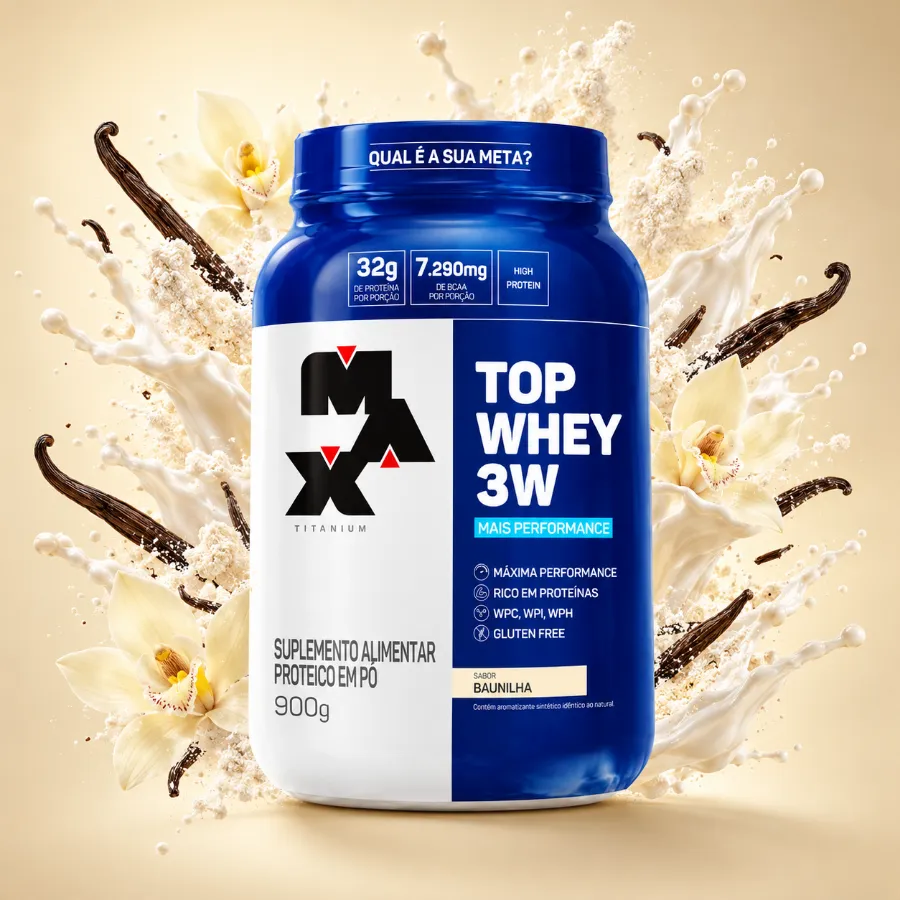 Pote do Top Whey 3W com ingredientes do sabor